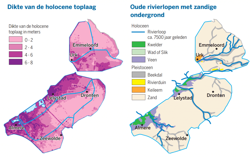 Links de dikte van holocene toplaag en rechts de oude rivierlopen met zandige ondergrond.