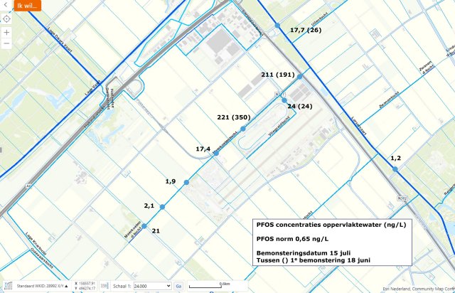 Op deze kaart staan op verschillende locaties de PFOS-concentraties in de Meerkoetentocht. De monsters zijn genomen op 15 juli 2024.