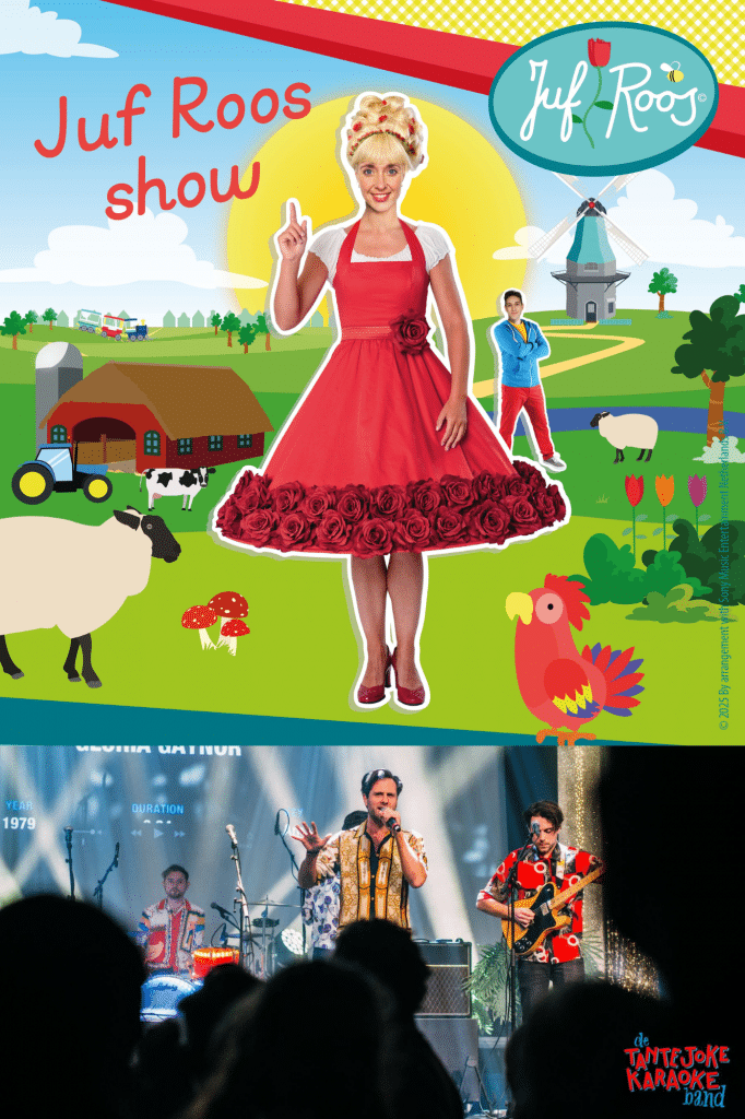 Afbeelding van verschillende artiesten zoals juf roos en een karaoke band.