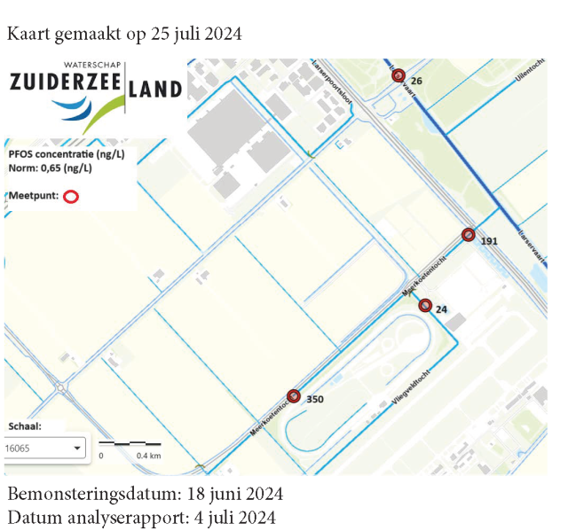Kaartje meetpunten rond vliegveld Lelystad waaruit blijkt dat de meetwaarden boven de norm liggen.