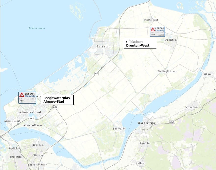 Kaart met daarom locaties waar blauwalg is aangetroffen.